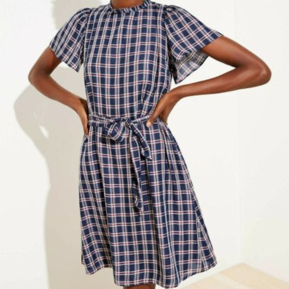 LOFT Plaid Ruffle Neck Dress, XS.